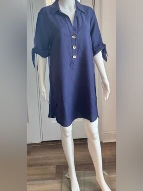 NWT Chelsea & Theodore Navy Blue Linen Blend Shift Dress  M